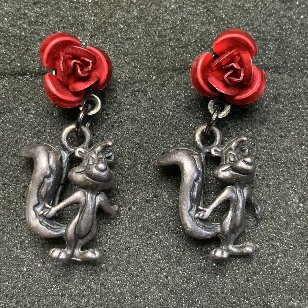 Vintage Dangle Skunk Earrings Rose Stud Signed Silver Plated Whimsical Fun